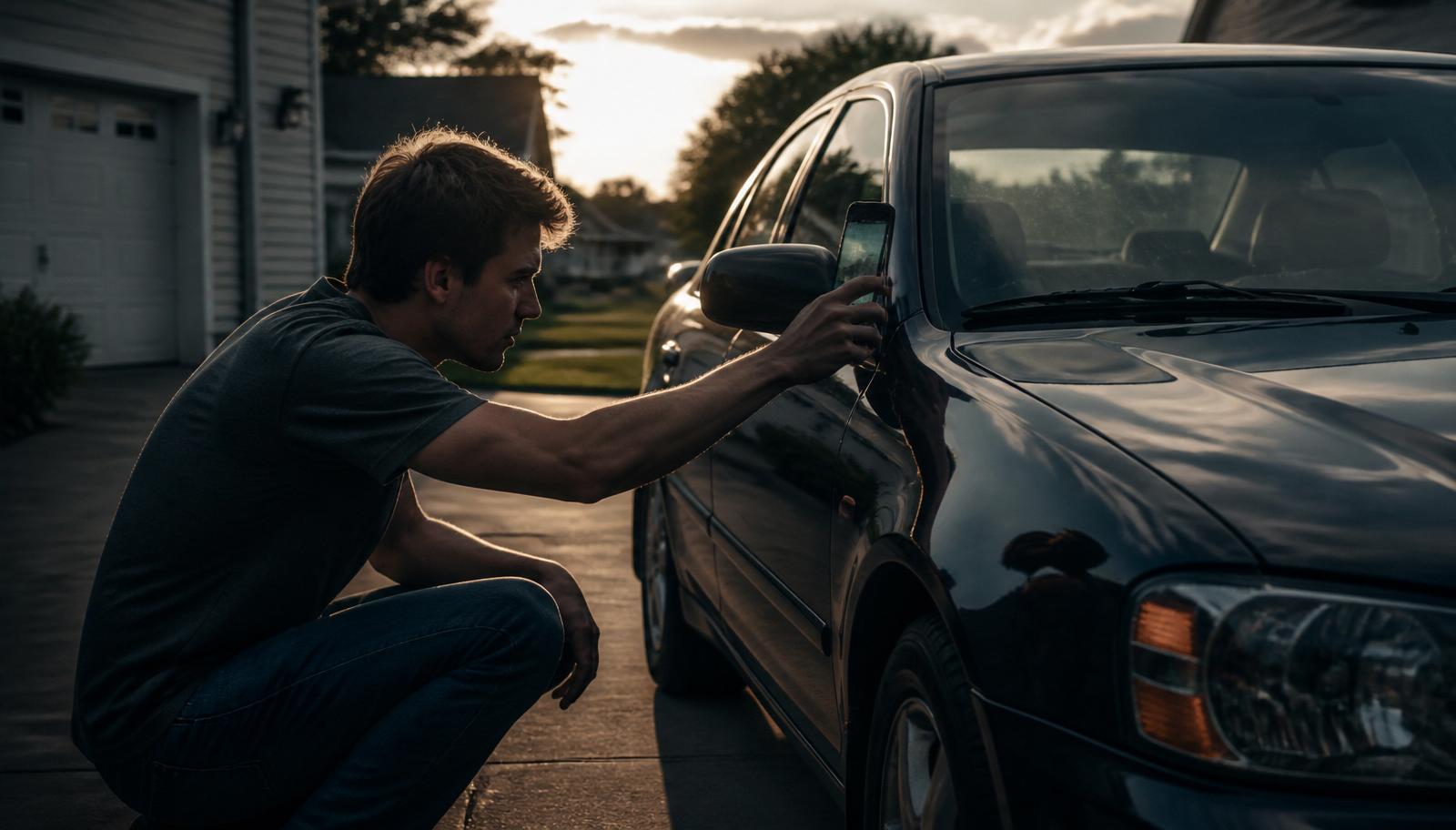 Buyer inspecting a used car at sunset before making an offer